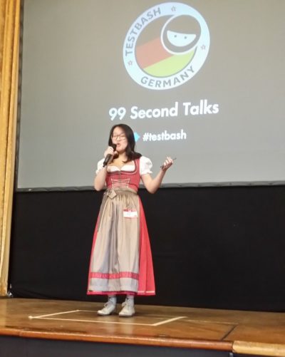 Cassandra Doing a 99 Second Talk at TestBash Germany 2017