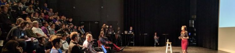 Side view of Cassandra speaking in front of the audience at TestBash Philly 2017