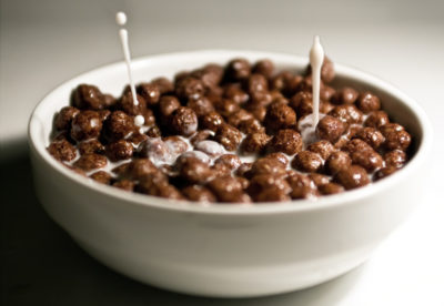 A bowl of Coco Pops cereal with milk