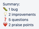 SBTM summary section showing: caterpillar icon next to bug total, lightbulb icon next to improvements total, question mark icon next to questions total, heart icon next to praise total